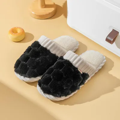 Produktbild von Hausschuhe aus Baumwolle für den Winter, mit dicker Sohle, flauschigem Plüsch und Wärme, für Zuhause, als Paar tragbar, Schwarz, 40-41