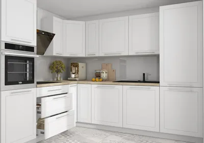 Produktbild von L-Form Küchenzeile KVANTUM Arbeitsplatte 230x270cm Fronten MDF weiß matt Teilauszug