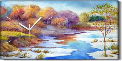 Produktbild von Küchenuhr Bürouhr Leinwand Uhr Geräuschlos Kunstdruck 60x30 Aquarell Bäume Fluss - weiße Hände