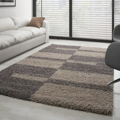 Produktbild von Taupefarbener, hochfloriger Teppich mit geometrischen Mustern für Wohn-/Schlafzimmer – Florhöhe 30 mm 200 x 290 cm