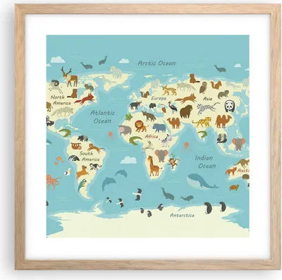 Produktbild von Gerahmtes Poster - Rahmen in heller Eiche - Tiere die Welt Karte - 40x40 cm - Wand Bild - Wanddeko - Wandbilder - Kunstposter - Wandposter - Bilderrahmen - Bilder - Kunstdruck - P2NAC40x40-4860