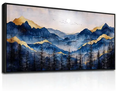 Leinwandbild Berglandschaft 73x146 cm Blau Gold
