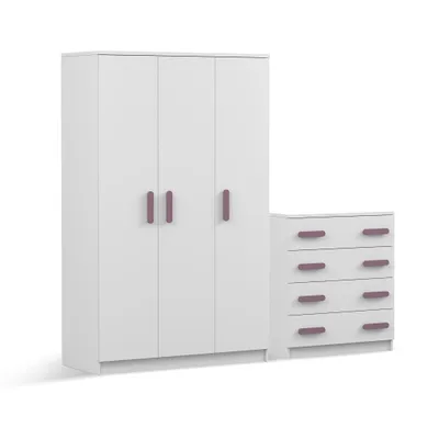 Produktbild von Drehtürenschrank und Kommode 2er-Set JONAS I 19/JONAS I 02 Weiß/Weiß lila Griffe