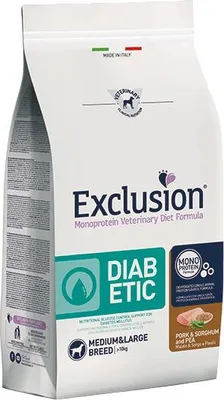 Obrázok produktu pre EXCLUSION DIPM02 DIABETIC MEDIUM/LARGE BREEDS veterinárne krmivo 2kg, bravčové/cirok/hrach