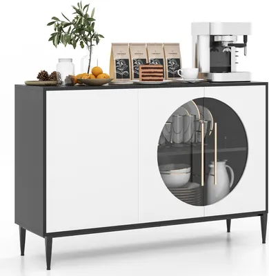 Produktbild von COSTWAY Sideboard mit Tür aus gehärtetem Glas, Buffetschrank mit 3 Türen, Seitenschrank & erhöhten Metallbeinen Weiß