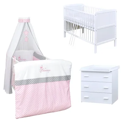 Produktbild von Baby-Delux Babyzimmer Babybett Wickelkommode Weiss Bettwäsche Komplett Set Princess Stars