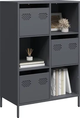 A dark gray storage unit with multiple compartments, some with doors, is shown against a white background. Decorative items like books and a small plant are placed inside some compartments.