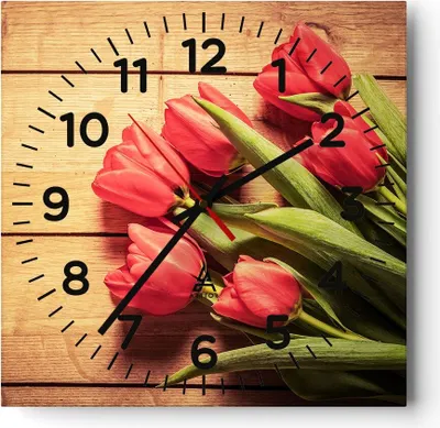 Produktbild von Wanduhr - Quadrat - Glasuhr - Tulpen Blumenstrauß Sommer Garten - 40x40cm - Schleichendes Uhrwerk - Lautlos - zum Aufhängen bereit - Dekoration Modern - Wanddekoration aus Glas - C4AC40x40-2867