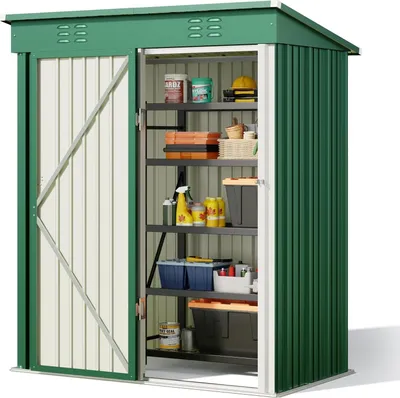 An open green metal storage shed with shelves filled with various items.