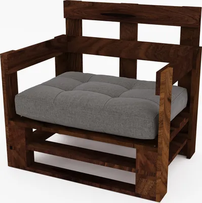 A wooden chair with a gray cushion on a white background.