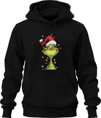 Produktbild von Grinch böser Grinser Lichterkette Weihnachten Geschenk retro Uni Hoodie Kapuzenpullover, Schwarz, 3XL