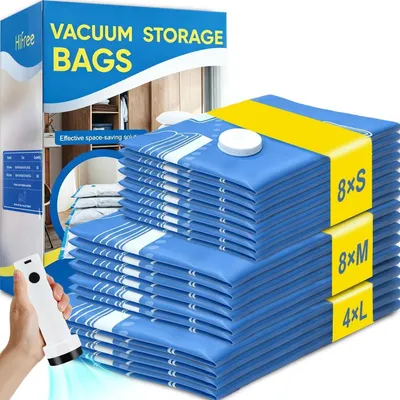 Immagine prodotto di Sacchetti sottovuoto per abbigliamento con pompa sottovuoto a batteria, confezione da 20 pezzi | 4 sacchetti 54x74 cm, 8 sacchetti 47x64 cm, 8 sacchetti 40x54 cm | Materiale: PE+PA | Riutilizzabili