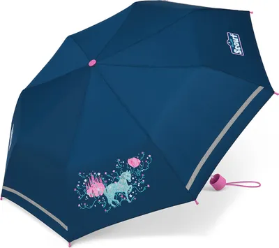 Produktbild von Scout Girls Kinder Regenschirm Taschenschirm mit Reflektionsstreifen Dreamworld Pferd & Blumen