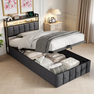 Produktbild von UnboxG Gasdruckbett 90×200 cm, grau, Leinenstoff, Einzelbett mit LED-Kopfteil, USB & Type-C Ladeanschluss, Stauraum unter dem Bett, Aufbewahrungsbett / Schlafzimmerbett