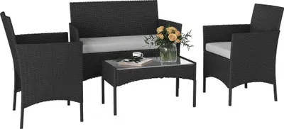Image de Outsunny Salon de jardin extšŠrieur 4 personnes, salon de balcon en ršŠsine tressšŠe avec canapšŠs et table basse en verre trempšŠ, coussins dšŠhoussables inclus, pour patio balcon terrasse, gris