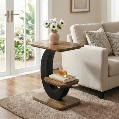 Immagine prodotto di Tavolino Tribesigns, tavolino da salotto compatto per il soggiorno, a due ripiani, design industriale con struttura ad arco in metallo, ideale per spazi ridotti