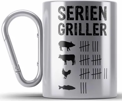 Produktbild von Trendation - Grillen Edelstahl Tasse Karabiner Geschenk Männer Steak Liebhaber Grillen Geschenkidee Vater (Silber)
