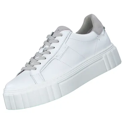 A white leather Tamaris plateau sneaker with gray laces and accents, shown from a side-angle on a white background.