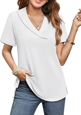 Produktbild von Damenbluse Kurze Ärmel - V-Ausschnitt T-Shirt - Elegante Tunika - Lässiges Top - Atmungsaktives Material - Perfekt für Jeden Anlass