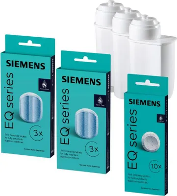 Produktbild von SIEMENS 10 Reinigungstabletten + 6 Entkalkungstabletten + 3 Wasserfilter für EQ Series Kaffeevollautomaten