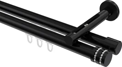 Produktbild von Interdeco Innenlaufstange / Gardinenstange mit Innenlauf Schwarz, Typ Siteno Estana (Glitzerkappe), 20 mm Ø 2-läufig, 220 cm