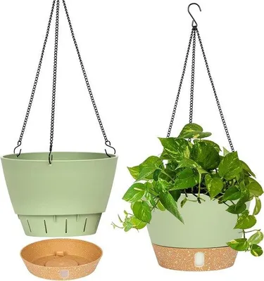 Produktbild von Famanu Set von 2 Hängenden Pflanzenkübeln - 10 Zoll für Innen- und Außenbereich - Blumentopf mit Abflussloch und 3 Haken (Grün)