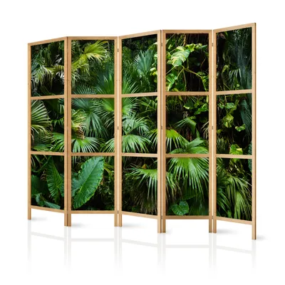Produktbild von Paravent XXL Tropische Blätter Monstera Palm Wedel 225x171 cm - 5-teilig - einseitig - eleganter Sichtschutz - Raumteiler - Trennwand - Raumtrenner - Holz - Design Motiv - Deko - Japan b-B-0312-z-c