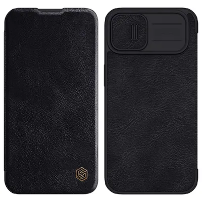 A black leather phone case is shown from the front and back.