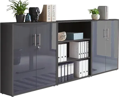Produktbild von Aktenschrank TABOR 9 in anthrazit / anthrazit Hochglanz, Schrankwand, Büroschrank, abschließbar, Metallgriffe