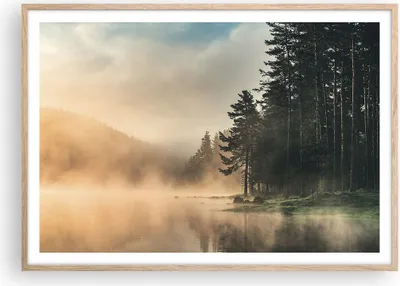Produktbild von Gerahmtes Poster - Rahmen in heller Eiche - Nebel See Wald - 100x70 cm - Wand Bild - Wanddeko - Wandbilder - Kunstposter - Wandposter - Bilderrahmen - Bilder - Kunstdruck - P2NAA100x70-4440