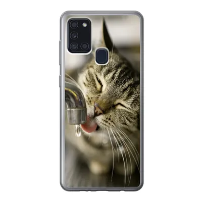 Produktbild von MuchoWow® Handyhülle Schutzhülle Hülle für Samsung Galaxy A21s Katze - Wasserhahn - Getränk Silikon Softcase Handy Hülle - Hartschale