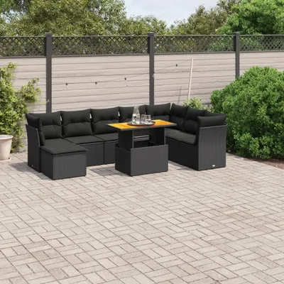 Produktbild von Design 9-tlg. Garten-Sofagarnitur mit Kissen Schwarz Poly Rattan, Gartenmöbel-Sets 2024 Neu