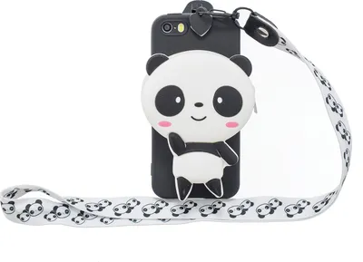 Produktbild von Für Iphone 5 / 5S SE Cartoon Hanging Lanyard + Fall Resistant TPU Full Protective Handyhülle mit Münztasche 4 schwarze Pandas