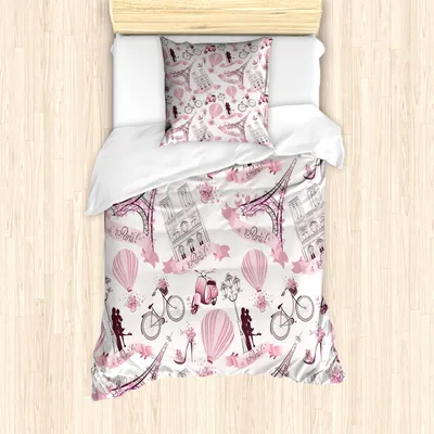 Produktbild von ABAKUHAUS Eiffelturm Mantele, Paris Hochzeitsreise, Milbensicher Allergiker geeignet mit Kissenbezügen, 135 cm x 200 cm - 80 x 80 cm, Pale Pink Weiß