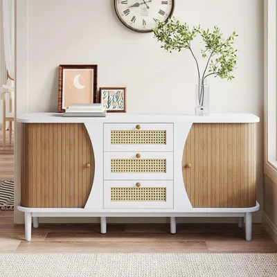 Immagine prodotto di Comodino stretto con 2 cassetti e 2 ante, comodino in rattan bianco, dimensioni 140,5 x 40 x 76 cm