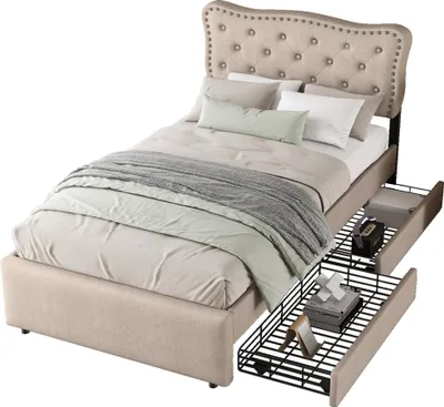 Immagine prodotto di letto piano 90 x 200 cm, letto imbottito, comodino imbottito con rivetti decorativi, doppio cassetto, beige scuro