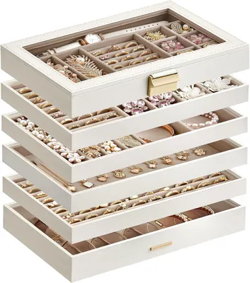 Productafbeelding van Sieradenbox met 6 lagen - Sieradenkistje stapelbaar - Glazen deksel - MDF - Wit en goud