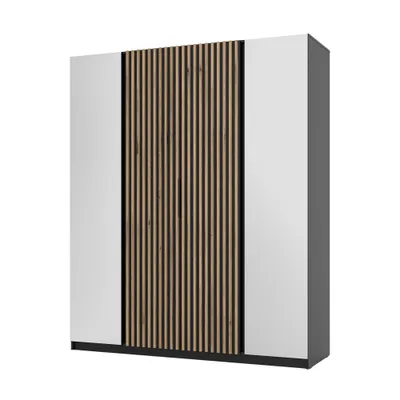 Produktbild von Großer Kleiderschrank 200 VERU mit Spiegeln – schwarz / Eiche evoziert / schwarz