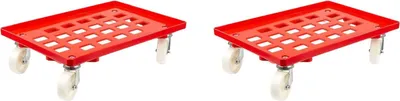 Produktbild von SparSet 2x Transportroller für Euroboxen 60x40cm mit Kunststoffräder rot | Gitter/Rasterdeck | 4 Lenkrollen | Traglast 300kg | Kistenroller Logistikroller Rollwagen Profi-Fahrgestell