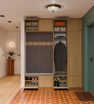 Productafbeelding van Modulaire garderobekast voor de hal, bestaande uit twee kasten met elk twee garderobepaneelen en zitbanken