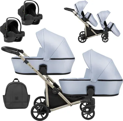 Image de Kunert BRAV DUO 3in1 Poussette double éco-cuir bleu clair et cadre champagne