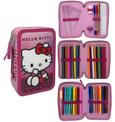 Produktbild von CARTOON Federmäppchen mit 3 Reißverschlüssen, mit Buntstiften und Filzstiften von Giotto, Hello Kitty, 20 x 13 x 6 Cm, stiftehalter