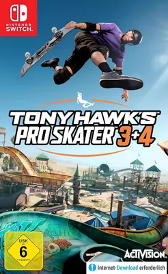 A video game cover art for Tony Hawk's Pro Skater 3+4 on Nintendo Switch, featuring a skateboarder in mid-air.