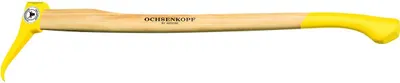 A tool with a wooden handle and a yellow grip and head.