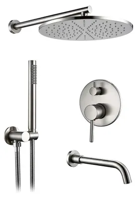Immagine prodotto di Sistema doccia in ottone - Modello 2318. Miscelatore da incasso. Soffione a pioggia rotondo da 20 cm. Doccetta manuale. Bocchetta di scarico da 26 cm. Finitura cromata spazzolata