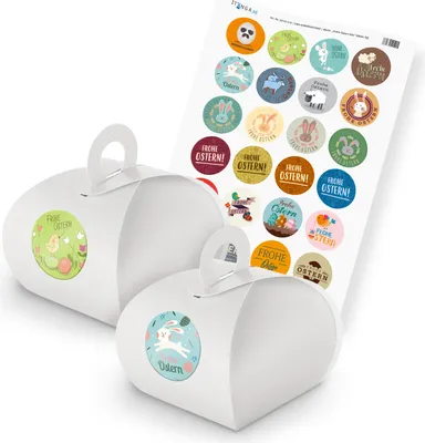 Produktbild von itenga SET Ostern Mix (Motiv 58) 24x Geschenkschachtel mit Griff weiß + Stickerb