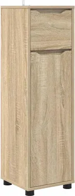 A tall, narrow cabinet with a wood grain finish.