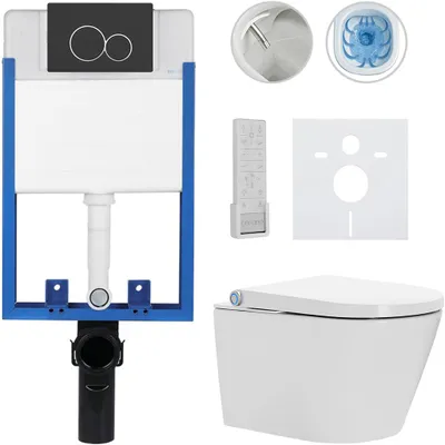 Imagen del producto de Conjunto completo para inodoro Profi/Cronus Premium - blanco brillante - Botón de descarga doble/ mate - Para empotrar - 59,3 x 38,4 cm