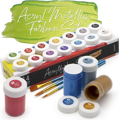 Produktbild von int!rend Acrylfarben Metallic Set - 14x Acrylfarbe je 18 ml + 3 Pinsel - Acryl Farbe für Holz, Leinwand, Ton, Steine & Gips - Acrylic Paint für Modellbau und zum Basteln