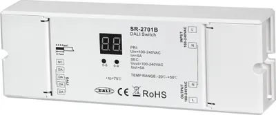Produktbild von SR-2701B DALI AC Schalter – 1-Kanal Ein/Aus-Controller, 100–240 V, manuelle  und  automatische Adressierung